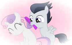 Size: 985x627 | Tagged: safe, artist:meandmyideas, rumble, sweetie belle, g4, comb, cute, male, mouth hold, ship:rumbelle, shipping, straight