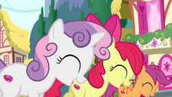 Size: 1920x1080 | Tagged: safe, screencap, apple bloom, scootaloo, sweetie belle, earth pony, pony, crusaders of the lost mark, g4, 1080p, ^^, cutie mark, cutie mark crusaders, door, eyes closed, female, filly, smiling, the cmc's cutie marks, tree, window