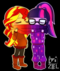 Size: 600x712 | Tagged: safe, artist:zeldaprincessgirl100, sci-twi, sunset shimmer, twilight sparkle, equestria girls, g4, bundled up, clothes, cute, duo, female, lesbian, scarf, shimmerbetes, ship:sci-twishimmer, ship:sunsetsparkle, shipping, twiabetes, winter outfit