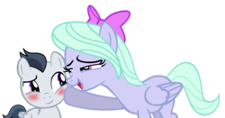 Size: 1229x643 | Tagged: safe, artist:nejcrozi, artist:ponybasesrus, flitter, rumble, pegasus, pony, g4, base used, blushing, bow, colt, cute, female, foal, hair bow, male, mare, ship:flitterumble, shipping, simple background, straight, straight shota, transparent background
