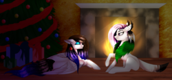 Size: 3917x1824 | Tagged: safe, artist:minelvi, oc, oc only, oc:cyan crystal, original species, pegasus, pony, christmas tree, ear piercing, eyes closed, female, fireplace, grin, makeup, mare, pegasus oc, piercing, present, prone, smiling, tree, wings