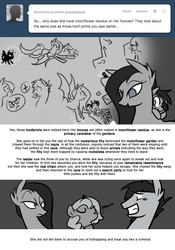 Size: 666x950 | Tagged: safe, artist:egophiliac, nightmare moon, princess luna, oc, oc:echo (egophiliac), oc:frolicsome meadowlark, oc:sparkleheart, oc:sunshine smiles (egophiliac), bat pony, pony, moonstuck, g4, :p, ask, blushing, cartographer's cap, cartographer's cloak, comic, cute, dark woona, eyes closed, filly, frown, glare, grayscale, grin, hat, lidded eyes, monochrome, nervous, nightmare woon, open mouth, raspberry, smiling, squee, tongue out, tumblr, unamused, woona, younger