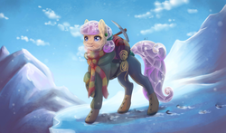 Size: 2900x1700 | Tagged: safe, artist:alina-sherl, oc, oc only, crystal pony, pony, bundled up, bundled up for winter, female, pickaxe, smiling, snow, solo, travelling, winter outfit
