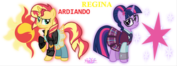 Size: 4883x1842 | Tagged: safe, artist:meganlovesangrybirds, sci-twi, sunset shimmer, twilight sparkle, pony, unicorn, equestria girls, g4, my little pony equestria girls: friendship games, adridano strippe, clothes, cutie mark, equestria girls outfit, equestria girls ponified, high res, ponified, red, regina snappe, text, unicorn sci-twi, yellow