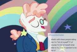 Size: 598x410 | Tagged: safe, screencap, svengallop, earth pony, pony, g4, the mane attraction, clothes, cute, eyes closed, glasses, happy, male, necktie, solo, stallion, svenabetes, tumblr fandom text posts, when he smiles