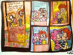 Size: 1024x768 | Tagged: safe, artist:mabiesison, cheese sandwich, pinkie pie, human, g4, binoculars, comic, eyes closed, happy, hot air balloon, humanized, kissing, male, ship:cheesepie, shipping, signature, straight, sunset, traditional art