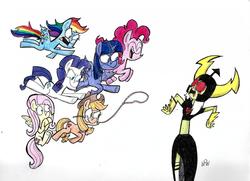 Size: 2286x1653 | Tagged: safe, artist:mabiesison, applejack, fluttershy, pinkie pie, rainbow dash, rarity, twilight sparkle, alicorn, pony, g4, angry, attack, crossover, flying, happy, lasso, lord dominator, mane six, rope, scared, shocked, simple background, traditional art, twilight sparkle (alicorn), wander over yonder, white background