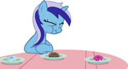 Size: 15137x8252 | Tagged: safe, artist:cyanlightning, minuette, pony, unicorn, amending fences, g4, .svg available, absurd resolution, donut, female, food, scrunchy face, simple background, solo, table, transparent background, vector
