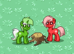 Size: 1200x873 | Tagged: safe, oc, oc only, oc:downvote, oc:upvote, pony, derpibooru, pony town, :|, derpibooru ponified, duo, grass, lidded eyes, meta, ponified, screenshots, smiling, tree stump