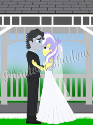 Size: 1280x1707 | Tagged: safe, artist:phantomshadow051, jet set, upper crust, equestria girls, g4, clothes, dress, ear piercing, earring, female, jewelry, male, marriage, piercing, shipping, skunk stripe, straight, upperset, watermark, wedding, wedding dress