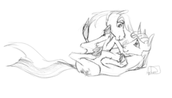 Size: 1280x733 | Tagged: safe, artist:archonix, derpy hooves, twilight sparkle, pegasus, pony, g4, female, lesbian, lying down, mare, monochrome, on back, ship:twerpy, shipping, sketch