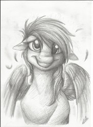 Size: 2550x3506 | Tagged: safe, artist:lupiarts, derpy hooves, pegasus, pony, g4, feather, female, floppy ears, grayscale, grin, high res, looking at you, mare, monochrome, simple background, smiling, solo, spread wings, traditional art