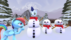 Size: 1024x576 | Tagged: safe, artist:johnnyhorse, rainbow dash, soarin', pony, g4, 3d, male, ship:soarindash, shipping, silly, silly pony, snowman, source filmmaker, straight