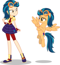 Size: 7000x7531 | Tagged: safe, artist:limedazzle, indigo zap, human, pegasus, pony, equestria girls, g4, my little pony equestria girls: friendship games, absurd resolution, alternate clothes, alternate universe, clothes, duo, ear piercing, equestria girls ponified, goggles, human ponidox, necktie, piercing, ponified, self ponidox, show accurate, simple background, skirt, transparent background, vector