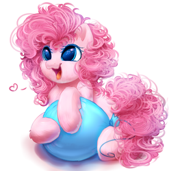 Size: 2000x2000 | Tagged: safe, artist:peachmayflower, pinkie pie, earth pony, pony, :3, balloon, behaving like a cat, cheek fluff, chest fluff, cute, diapinkes, dog lip, ear fluff, featured image, female, fluffy, happy, heart, heart eyes, hnnng, leg fluff, messy mane, open mouth, ponk, simple background, smiling, snuggling, solo, weapons-grade cute, white background, wingding eyes