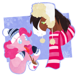 Size: 3000x3000 | Tagged: safe, artist:vindhov, part of a set, pinkie pie, trouble shoes, earth pony, pony, g4, burned, chocolate, christmas, clothes, dropping, female, floppy ears, food, hat, hearth's warming, high res, hot, hot chocolate, lidded eyes, lineless, male, mare, mittens, mug, open mouth, scarf, shipping, simple background, smiling, snow, stallion, steam, straight, tongue out, transparent background, trouble pie, wide eyes