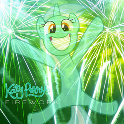 Size: 800x800 | Tagged: safe, artist:penguinsn1fan, lyra heartstrings, pony, g4, album, album cover, cover, female, firework (song), fireworks, irrational exuberance, katy perry, parody, smiling, solo, song reference