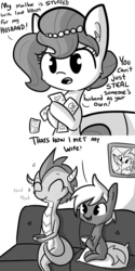 Size: 1080x2160 | Tagged: safe, artist:tjpones, oc, oc only, oc:brownie bun, oc:dragon wife, oc:treasure trotonopolis, dragon, earth pony, pony, horse wife, comic, dialogue, dragoness, ear fluff, female, grayscale, hoof hold, husbando thief, kidnapped, love letter, male, mare, monochrome, nodding, pillow, simple background, sitting, stallion, white background
