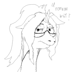 Size: 800x800 | Tagged: safe, artist:silence, oc, oc only, pony, unicorn, exploitable meme, glasses, hair up, half moon glasses, long neck, meme, monochrome, ms paint, nope.avi, solo