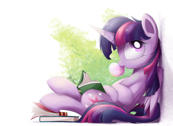 Size: 2550x1860 | Tagged: safe, artist:bugplayer, twilight sparkle, alicorn, pony, g4, book, bookhorse, bubblegum, cute, female, food, gum, looking up, mare, solo, that pony sure does love books, twiabetes, twilight sparkle (alicorn)