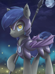 Size: 3600x4800 | Tagged: safe, artist:ardail, bat pony, pony, g4, absurd resolution, armor, full moon, looking at you, male, moon, night guard, royal guard, solo, spear, weapon