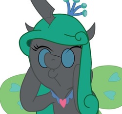 Size: 548x511 | Tagged: safe, artist:kirbymlp, queen chrysalis, pony, g4, idw, reflections, chrysalislover, dashface, female, glasses, happy face, mirror, mirror universe, parallel equestria, parallel universe, reversalis, solo