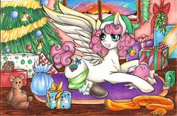 Size: 1024x673 | Tagged: safe, artist:bunnywhiskerz, oc, oc only, oc:dandy candy, pegasus, pony, bell, candy, candy cane, christmas ornament, christmas tree, clothes, colored pencil drawing, decoration, elf hat, food, hat, mistletoe, open mouth, present, prone, ribbon, scarf, smiling, snow, socks, solo, spread wings, sun, sunrise, teddy bear, traditional art, tree