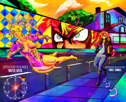 Size: 3300x2676 | Tagged: safe, artist:brother-lionheart, sunset shimmer, oc, oc:twisted sister, comic:twisted sunset, equestria girls, g4, crossover, high res, jojo's bizarre adventure, stand