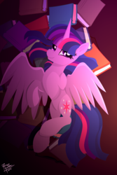 Size: 1087x1628 | Tagged: safe, artist:pedrohander, twilight sparkle, alicorn, pony, g4, book, female, on back, solo, spread wings, that pony sure does love books, twilight sparkle (alicorn)