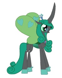 Size: 820x1032 | Tagged: safe, artist:kirbymlp, queen chrysalis, changeling, changeling queen, g4, chrysalislover, female, glasses, happy face, mirror, mirror universe, reversalis, simple background, solo, white background