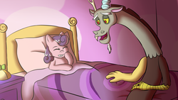Size: 1920x1080 | Tagged: safe, artist:skybluearts, discord, screwball, g4, bed, daddy discord, duo, laughing, lullaby