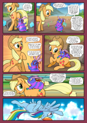Size: 1355x1920 | Tagged: safe, artist:pencils, applejack, rainbow dash, oc, oc:arli, bushwoolie, earth pony, pegasus, pony, comic:anon's pie adventure, g1, g4, applebutt, bow, cloud, comic, cowboy hat, crouching, dialogue, dock, featureless crotch, female, flying, hair bow, hat, looking back, mare, riding, riding a pony, scrunchy face, speech bubble, speed lines, spread legs, spreading, stetson, tail pull, underhoof