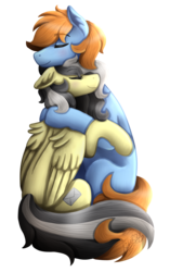 Size: 1133x1800 | Tagged: safe, artist:monnarcha, oc, oc only, oc:wolfix, earth pony, pegasus, pony, duo, female, hug, male, mare, oc x oc, shipping, simple background, stallion, transparent background
