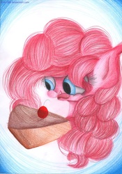 Size: 815x1162 | Tagged: safe, artist:emi-288, pinkie pie, earth pony, pony, g4, cake, female, food, solo, tongue out, traditional art