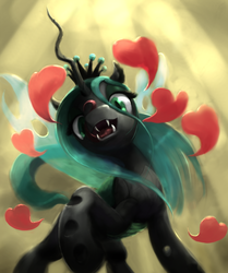 Size: 826x990 | Tagged: safe, artist:bakuel, queen chrysalis, changeling, changeling queen, g4, cute, cutealis, female, heart, open mouth, smiling, solo