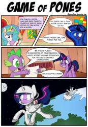 Size: 2000x2883 | Tagged: safe, artist:sentireaeris, princess celestia, princess luna, spike, twilight sparkle, alicorn, pony, g4, :i, astronaut, comic, curved horn, floating, funny, game of thrones, high res, horn, moon, space, spacesuit, twilight sparkle (alicorn)