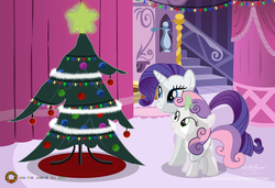 Size: 2882x1966 | Tagged: safe, artist:shutterflyeqd, rarity, sweetie belle, pony, unicorn, g4, carousel boutique, christmas, christmas tree, female, filly, foal, hearth's warming, holiday, hug, mare, siblings, sisters, sweetie belle's magic brings a great big smile, tree