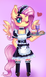 Size: 1020x1700 | Tagged: safe, artist:polishcrossoverfan, fluttershy, pony, semi-anthro, g4, bipedal, blushing, clothes, female, heart, maid, one eye closed, solo, spread wings, tray, wink