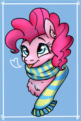 Size: 548x818 | Tagged: dead source, safe, artist:ponybone, pinkie pie, earth pony, pony, g4, :p, chest fluff, clothes, cute, diapinkes, ear fluff, female, heart, looking up, scarf, solo, tongue out