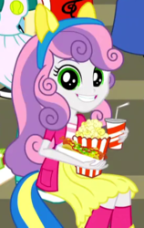 Size: 275x435 | Tagged: safe, screencap, sweetie belle, equestria girls, g4, my little pony equestria girls: friendship games, cropped, cute, diasweetes, female, food, hot dog, meat, popcorn, sausage, soda, solo