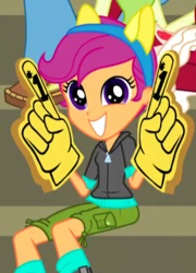 Size: 294x409 | Tagged: safe, screencap, scootaloo, equestria girls, g4, my little pony equestria girls: friendship games, cropped, cute, cutealoo, foam finger, pony ears, smiling
