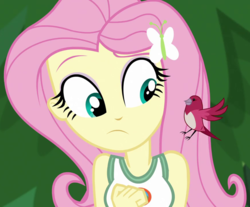 Size: 870x720 | Tagged: safe, screencap, fluttershy, bird, songbird, equestria girls, g4, my little pony equestria girls: legend of everfree, big breasts, breasts, busty fluttershy, clothes, cropped, female, landing, solo, spread wings, tank top, wings