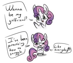 Size: 686x596 | Tagged: safe, artist:firenhooves, sweetie belle, pony, g4, bipedal, blushing, cute, dialogue, diasweetes, female, lesbian, simple background, white background