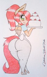 Size: 1198x1949 | Tagged: safe, artist:xmistressecchicatx, oc, oc only, oc:shorty redd, pegasus, anthro, ass, big ears, bow, butt, cake, female, food, large butt, mare, solo, tail bow, the ass was fat, thighs, thunder thighs, traditional art