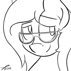 Size: 500x500 | Tagged: safe, artist:platenjack, oc, oc only, pony, black and white, bust, female, glasses, grayscale, lidded eyes, looking sideways, mare, monochrome, portrait, simple background, sketch, smiling, solo, white background