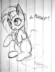 Size: 1556x2024 | Tagged: safe, anonymous artist, oc, oc only, pony, unicorn, cute, exclamation point, fluffy, happy, irl, lined paper, open mouth, photo, raised hoof, rawr, sitting, sketch, smiling, solo, traditional art