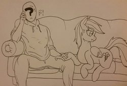 Size: 2706x1836 | Tagged: safe, artist:riggyrag, rainbow dash, oc, oc:anon, human, pegasus, pony, g4, clothes, couch, female, holding hooves, in denial, irl, male, mare, monochrome, photo, straight, sweat, traditional art