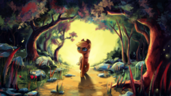 Size: 1920x1080 | Tagged: safe, artist:inowiseei, applejack, firefly (insect), pony, g4, backlighting, female, flower, forest, path, raised hoof, road, rock, scenery, solo, stone, sunset, tree, tulip, walking