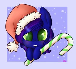 Size: 942x848 | Tagged: safe, artist:ashee, oc, oc only, oc:bramble snap, pony, candy, candy cane, christmas, cute, food, hat, ocbetes, santa hat, solo