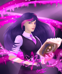 Size: 1500x1800 | Tagged: safe, artist:gureruchan, twilight sparkle, human, g4, clothes, female, humanized, looking at you, magic, signature, solo, spellbook